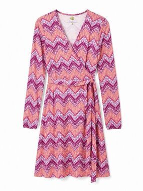 Dakini Long Sleeve Faux Wrap Dress Pink Purple Chevron Geometric Tie Waist SZ M